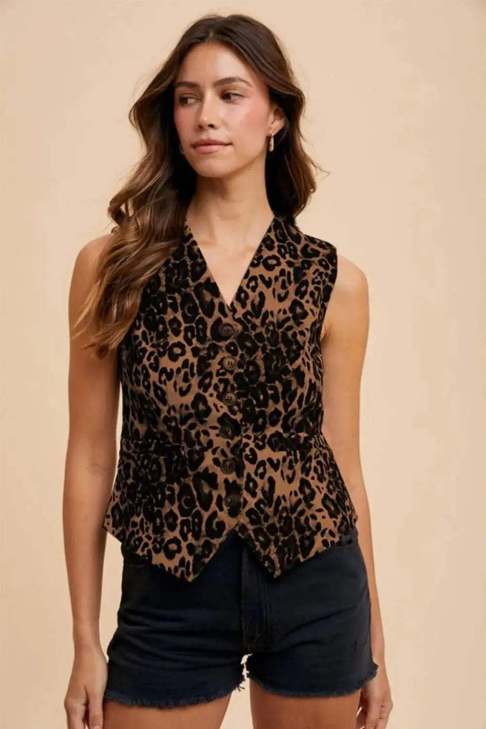 Annie Wear Stretch Leopard Denim Button Down Vest  Style Ratio