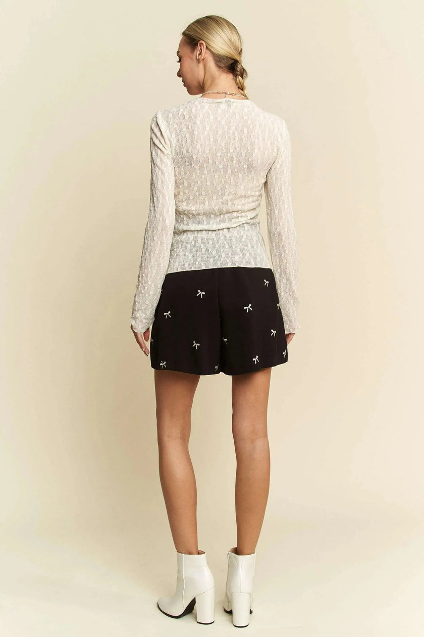 Davi & Dani Long Sleeve Sheer Small Embroidered Bows Lace Blouse  Style Ratio