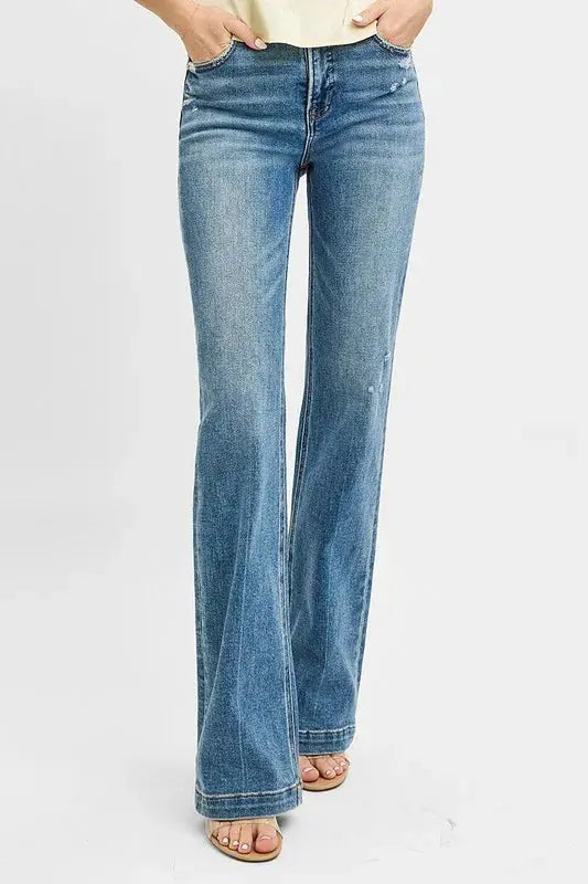 RISEN Full Size Distressed Detail Bootcut Jeans  Style Ratio