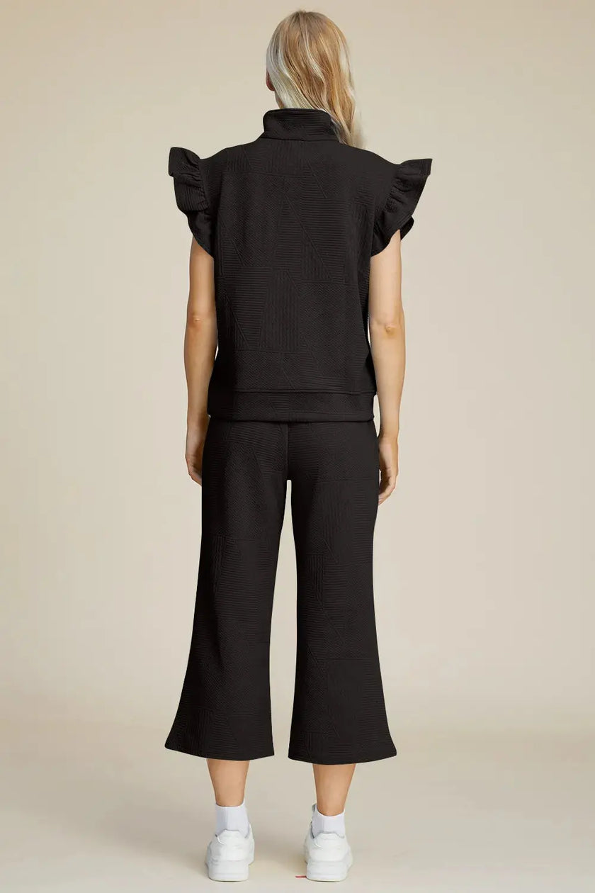 Double Take Full Size Texture Ruffle Short Sleeve Top and Wide Leg Pants Set  Style Ratio