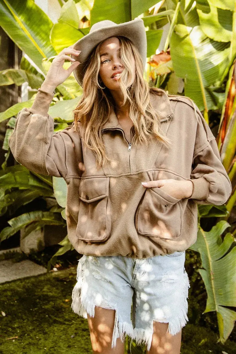 BiBi Half Zip Vintage Washed Fleece Pullover Jacket  Style Ratio