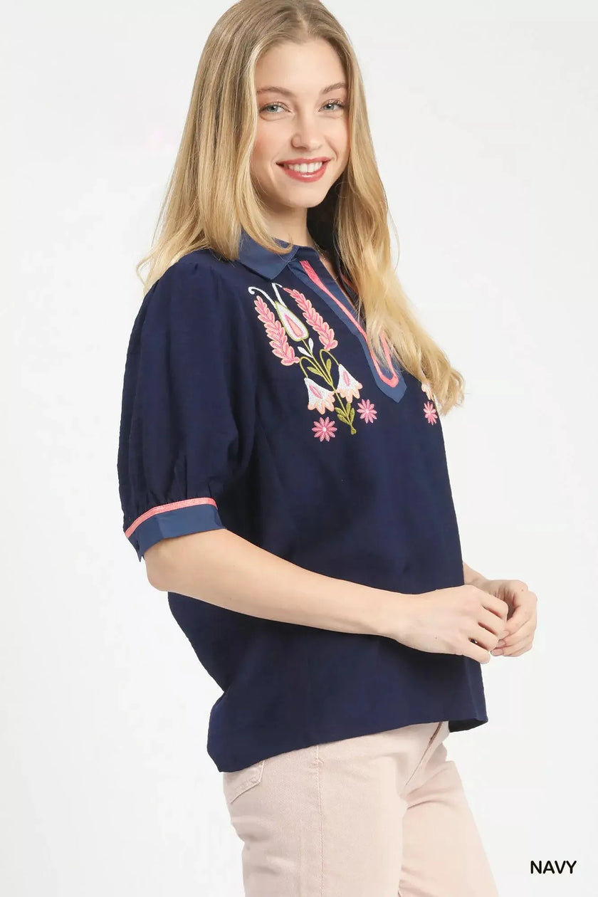 Umgee Embroidered Puff Sleeve Contrast Trim Top  Style Ratio
