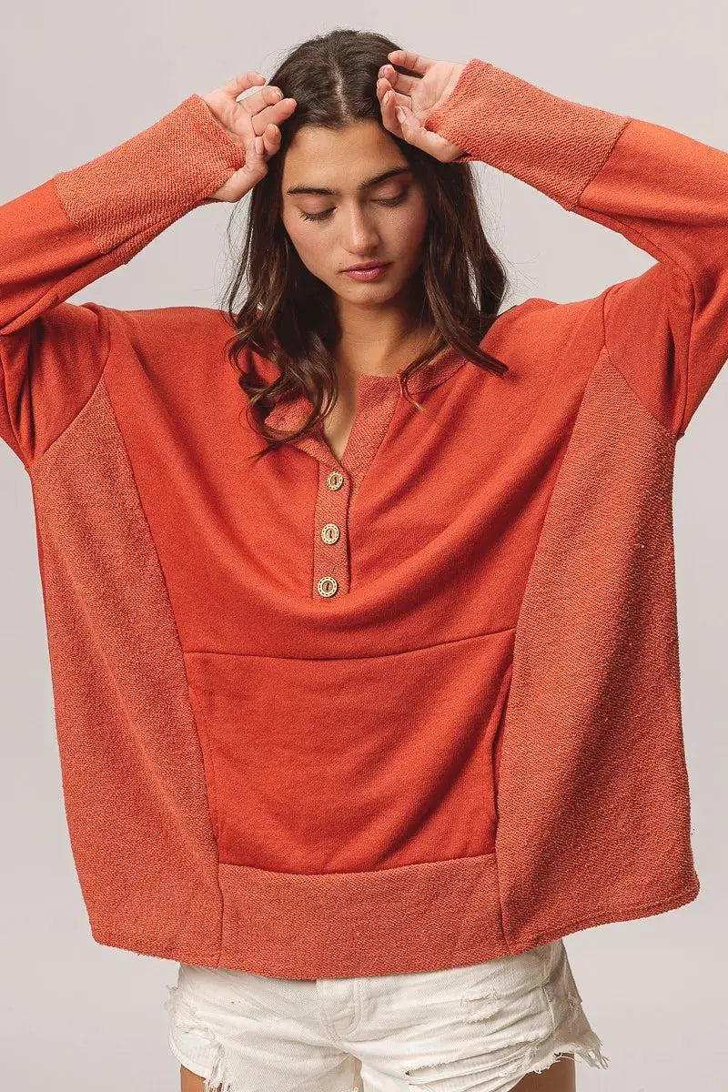 BiBi French Terry Knit Side Block Buttoned Henley Sweatshirt  Style Ratio