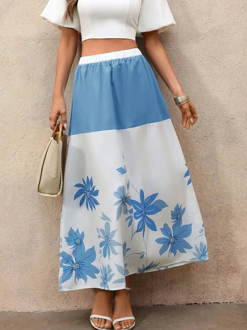 Floral Print Color Block Skirt  Style Ratio