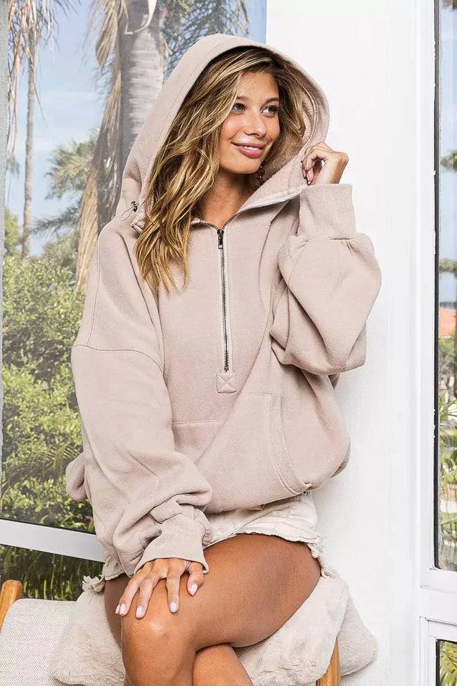 BiBi Stitch Detailed Elastic Hem Half Zip Fleece Hoodie  Style Ratio