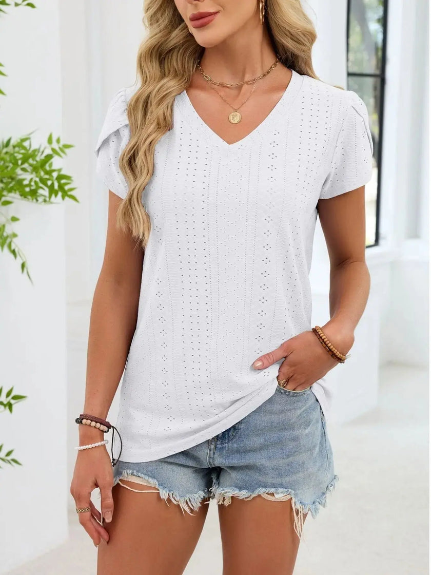 Eyelet Petal Sleeve V Neck Shirt  Style Ratio