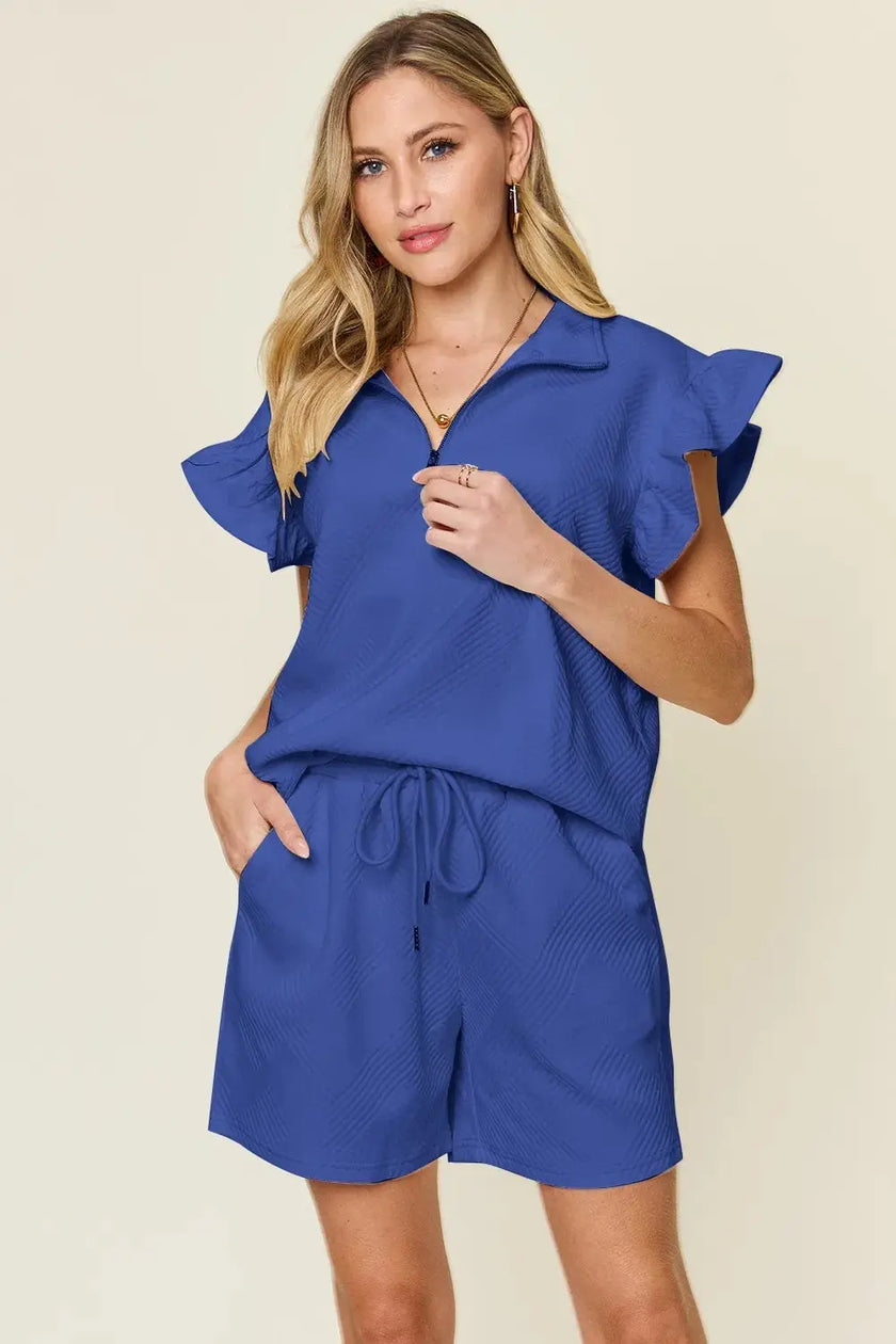 Double Take Texture Flounce Sleeve Top and Drawstring Shorts Set  Style Ratio