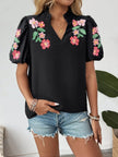Floral Puff Sleeve Notched Blouse  Style Ratio