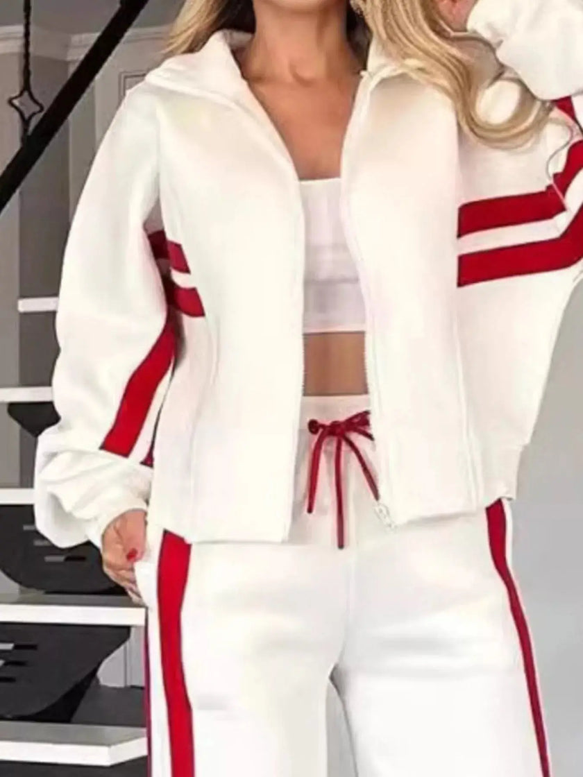 Full Size Contrast Stripe Zip Up Jacket and Pants Set  Style Ratio