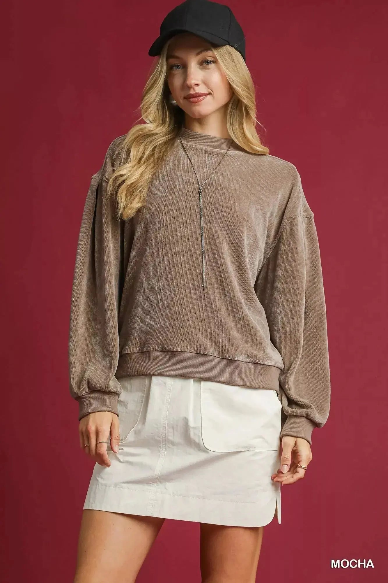 Umgee Velour Crewneck Balloon Sleeve Sweatshirt  Style Ratio