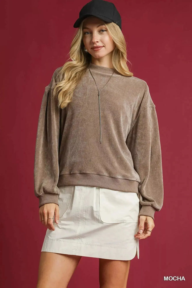 Umgee Velour Crewneck Balloon Sleeve Sweatshirt  Style Ratio