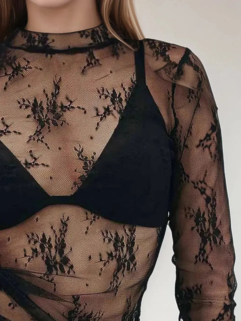 Floral Mock Neck Long Sleeve Mesh Top  Style Ratio