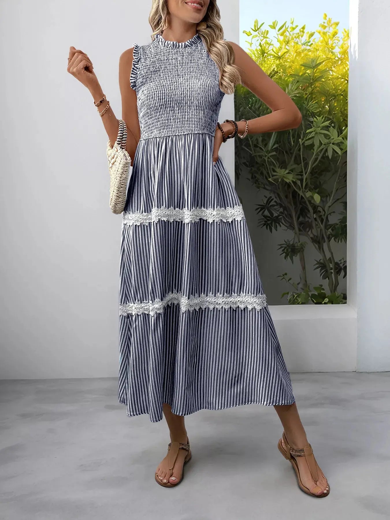 Smocked Striped Lace Trim Sleeveless Midi Dress  Style Ratio