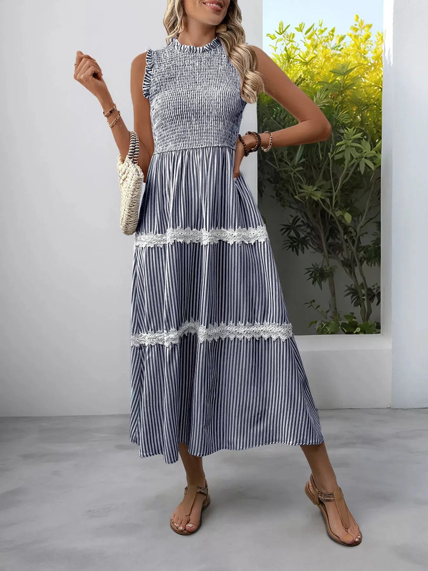 Smocked Striped Lace Trim Sleeveless Midi Dress  Style Ratio