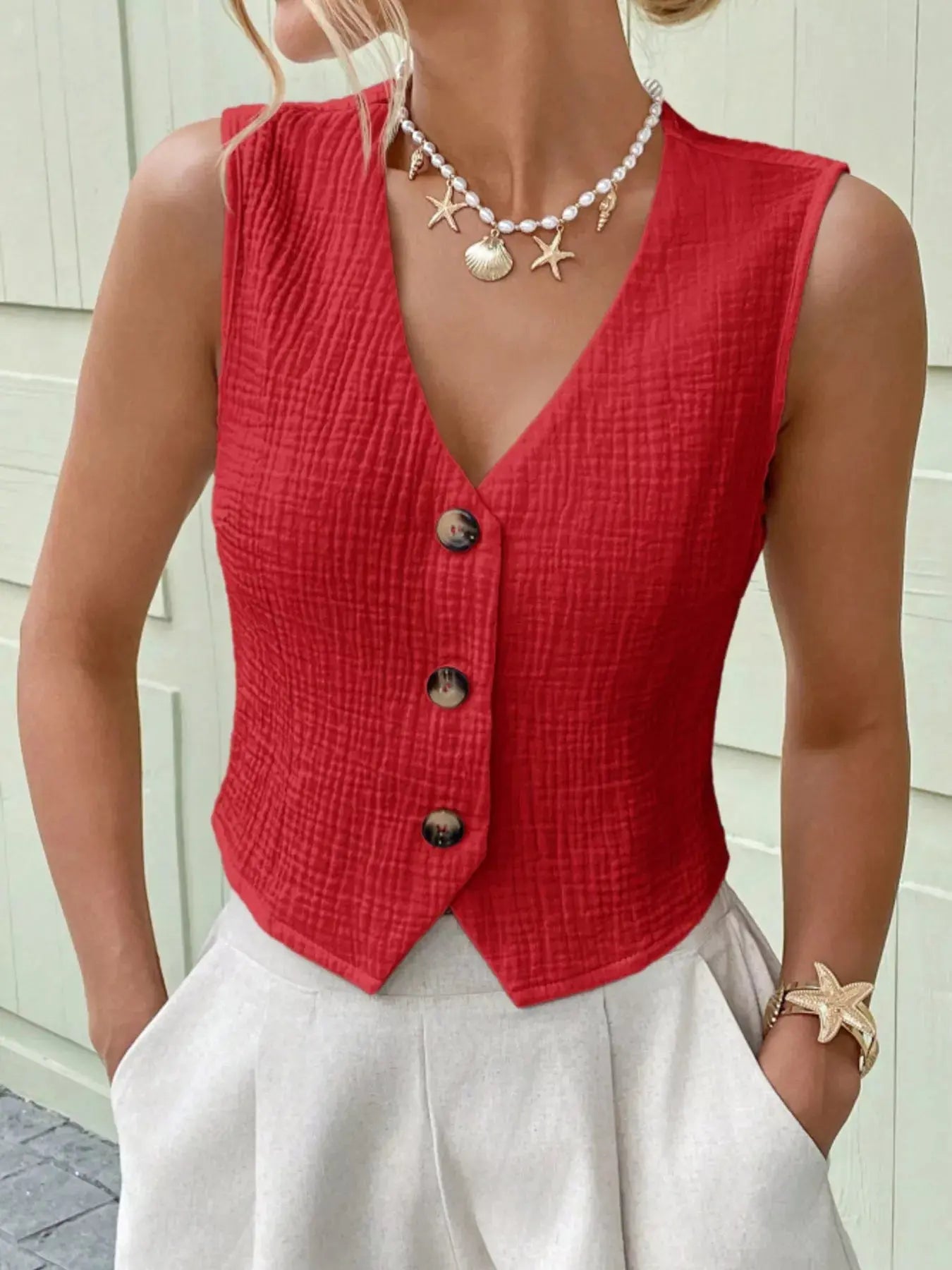 Textured Button-Front Vest  Style Ratio