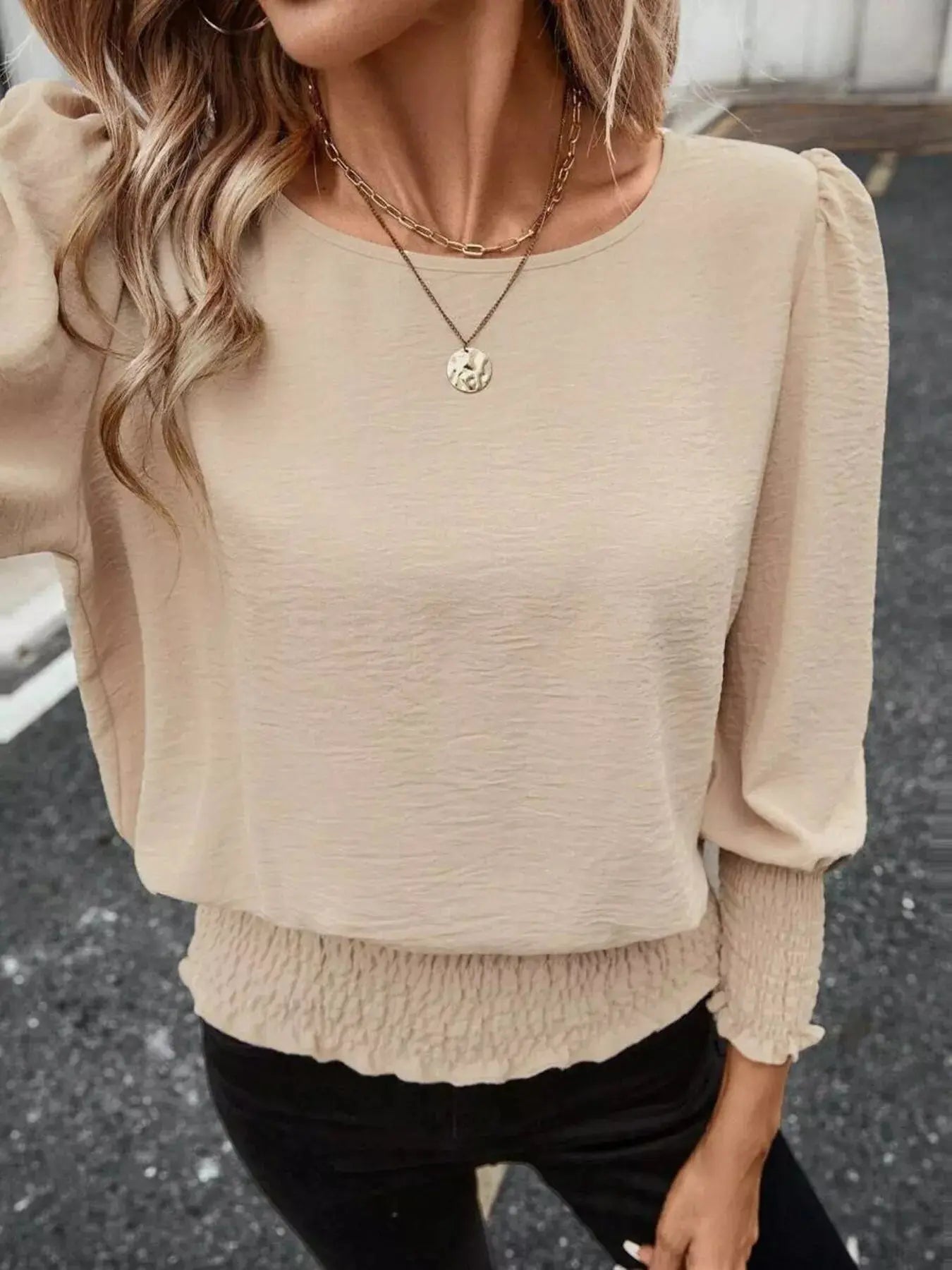 Smocked Waist Round Neck Blouse  Style Ratio