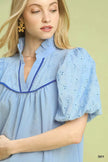 Umgee Puff Sleeve Eyelet Mix Top with Contrast Piping  Style Ratio
