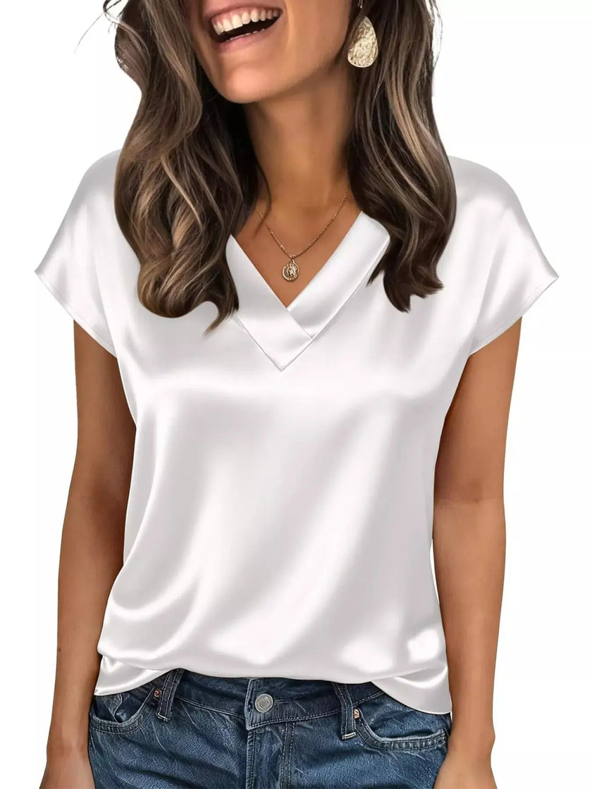 Satin V-Neck Cap Sleeve Blouse  Style Ratio