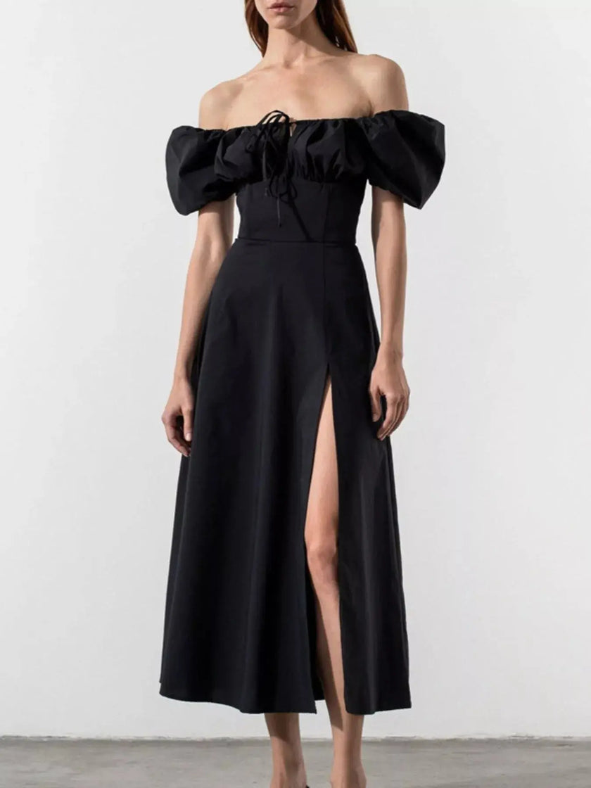 Puff Sleeve Tie Front Slit Midi Dress  Style Ratio
