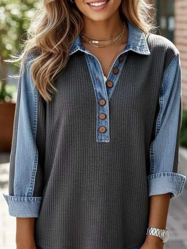 Denim Trim Button Detail Sweatshirt  Style Ratio