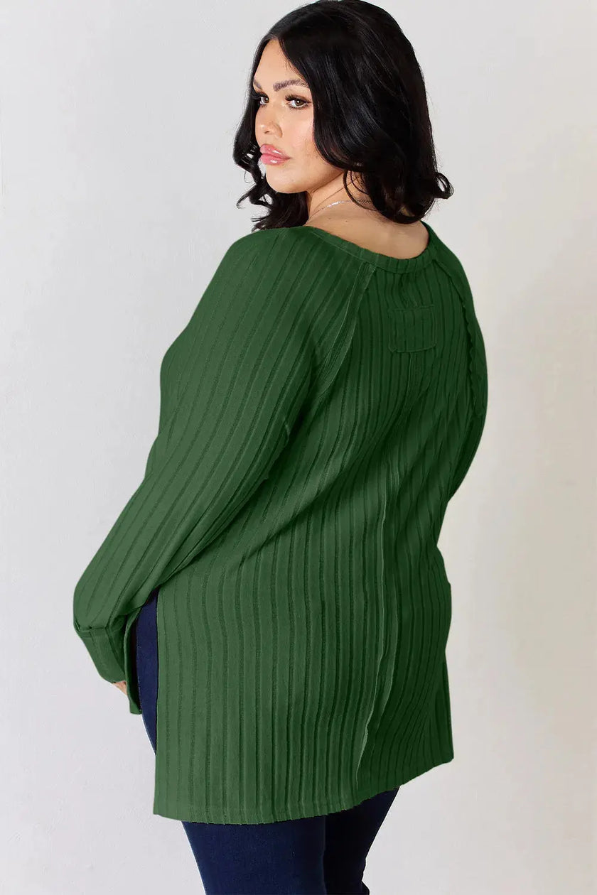 Basic Bae Full Size Ribbed Round Neck Long Sleeve Shirt  Style Ratio