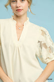 Umgee Textured Blouse with Lace Contrast Sleeves  Style Ratio