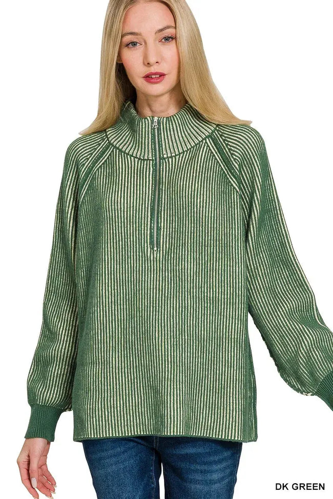 Zenana Ribbed Two Tone Half Zip Sweater  Style Ratio