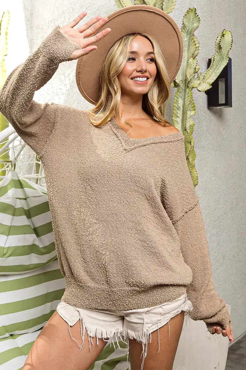 BiBi Raw Edged Popcorn Texture V-neck Sweater  Style Ratio
