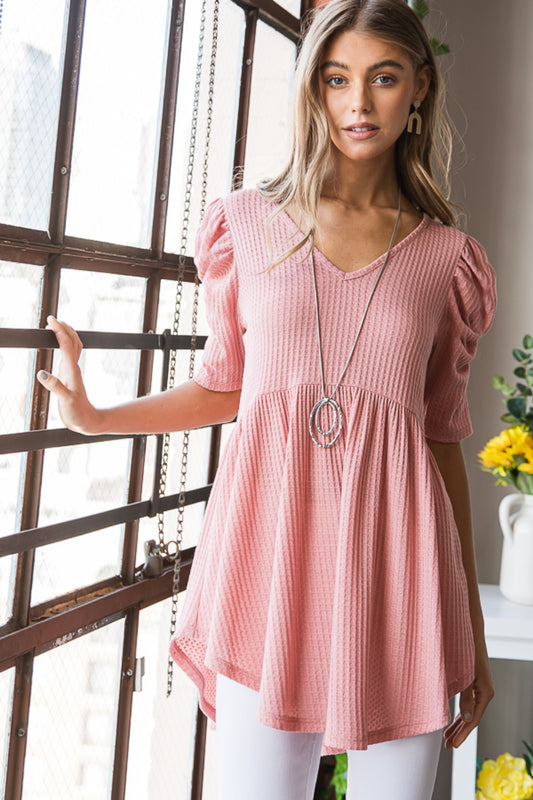 Knit V-Neck Babydoll Top