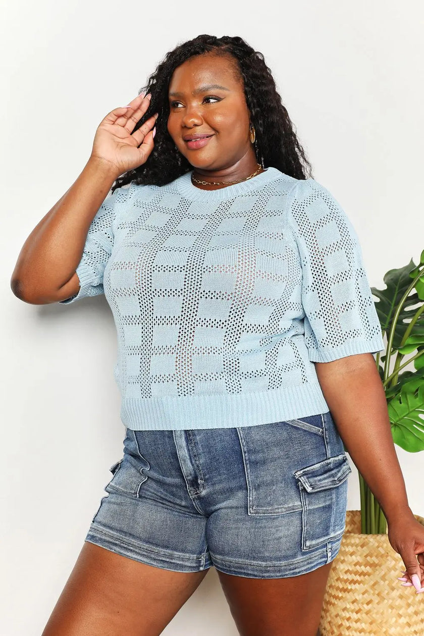Mandy Ribbed Trim Round Neck Knit Blouse  Style Ratio