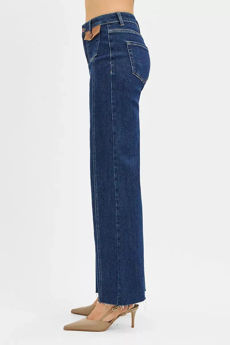 RISEN High Rise Wide Flare Jeans with Front Leather Pocket Detail  Style Ratio