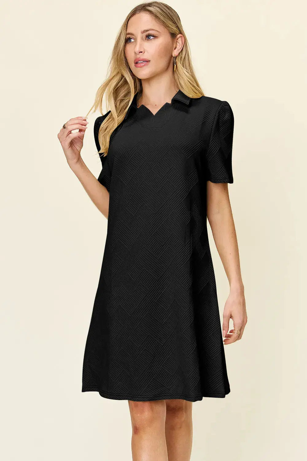 Double Take Full Size Texture Collared Neck Short Sleeve Dress  Style Ratio