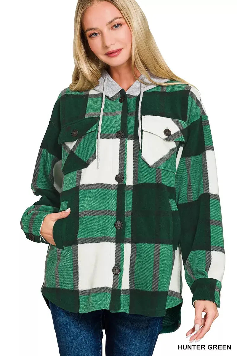 Zenana Plaid Drawstring Hooded Fleece Shacket  Style Ratio