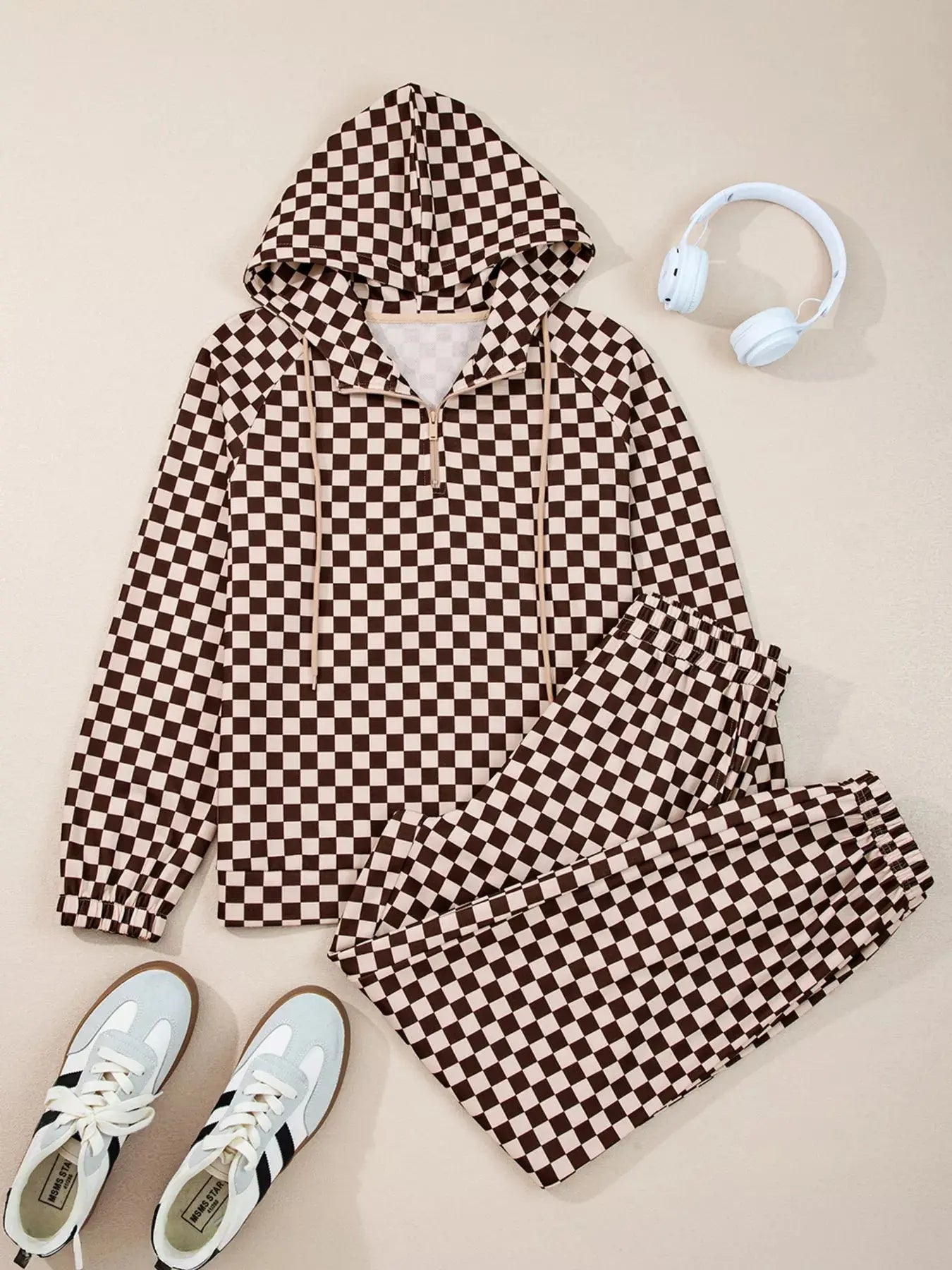 Checkered Drawstring Hoodie and Pants Set  Style Ratio