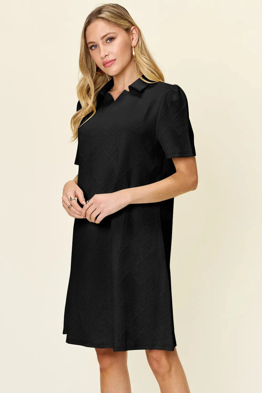 Double Take Full Size Texture Collared Neck Short Sleeve Dress  Style Ratio