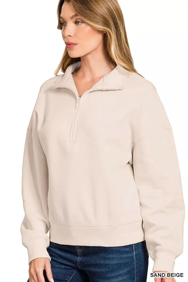 Zenana Fleece High Neck Half Zip Sweatshirt  Style Ratio
