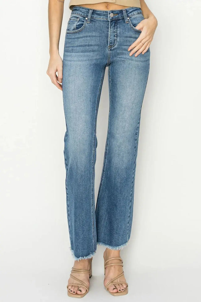 RISEN Mid-Rise Frayed Hem Bootcut Jeans  Style Ratio