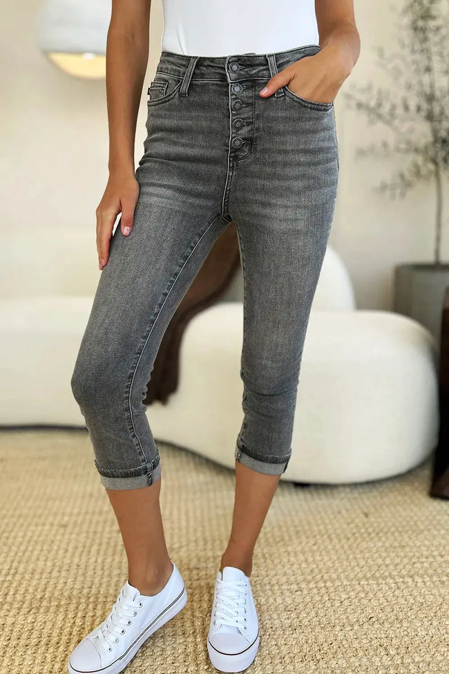 Judy Blue Full Size Button Fly High Waist Cuffed Capris  Style Ratio