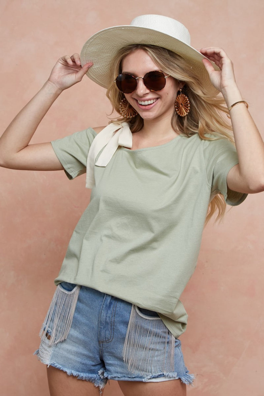 Tied Ribbon One Shoulder Short Sleeve Shirt