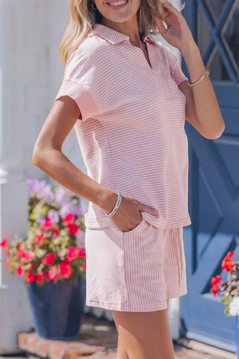 Stripe Dolman Sleeve Polo Shirt and Drawstring Shorts Set  Style Ratio