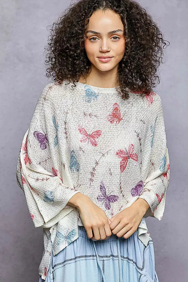 POL Butterflies Pattern Round Neck knit Top with Outseam Rolling Edge  Style Ratio