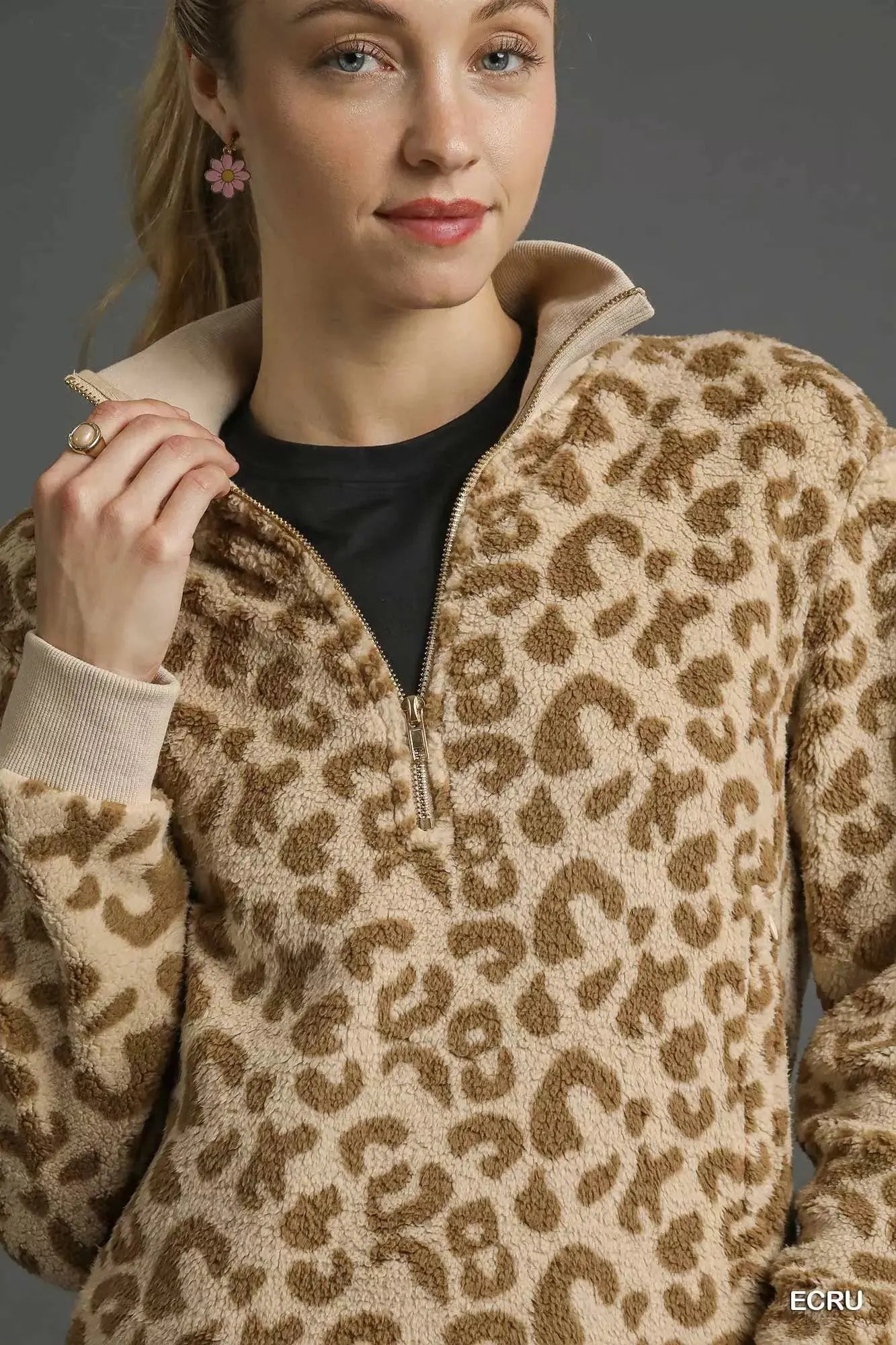 Umgee Leopard Print Quarter-Zip Sweatshirt  Style Ratio