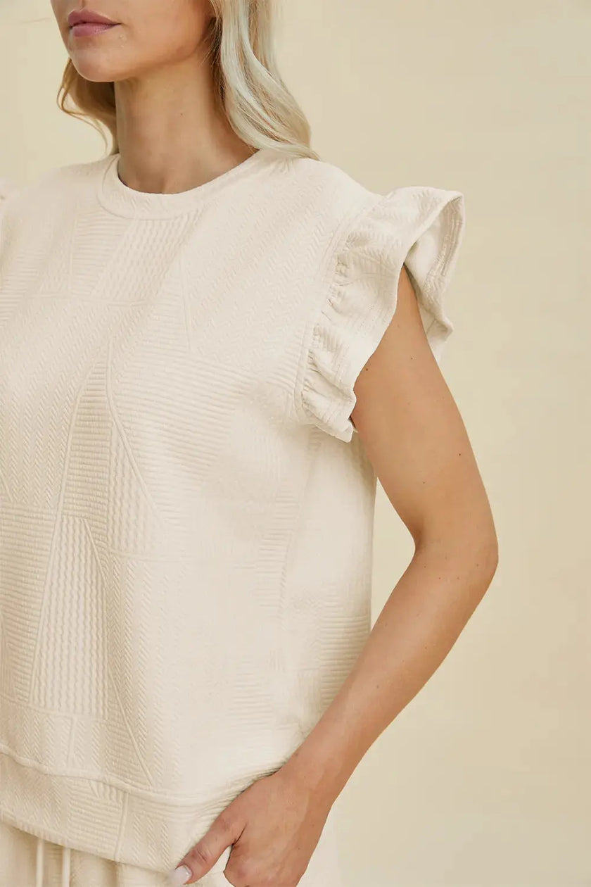 Double Take Full Size Texture Round Neck Ruffle Sleeve Top and Shorts Set  Style Ratio