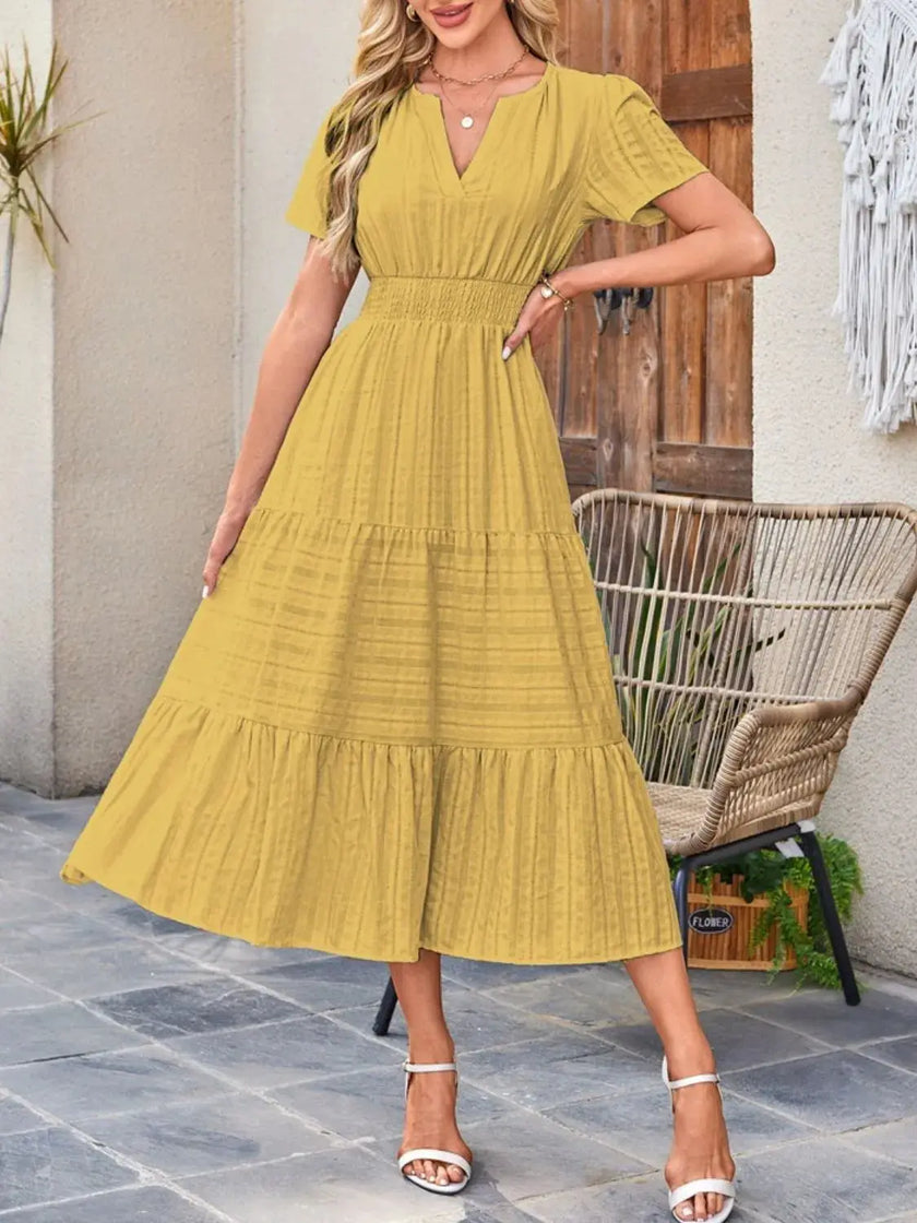 Tiered Notched Short Sleeve Dress  Style Ratio