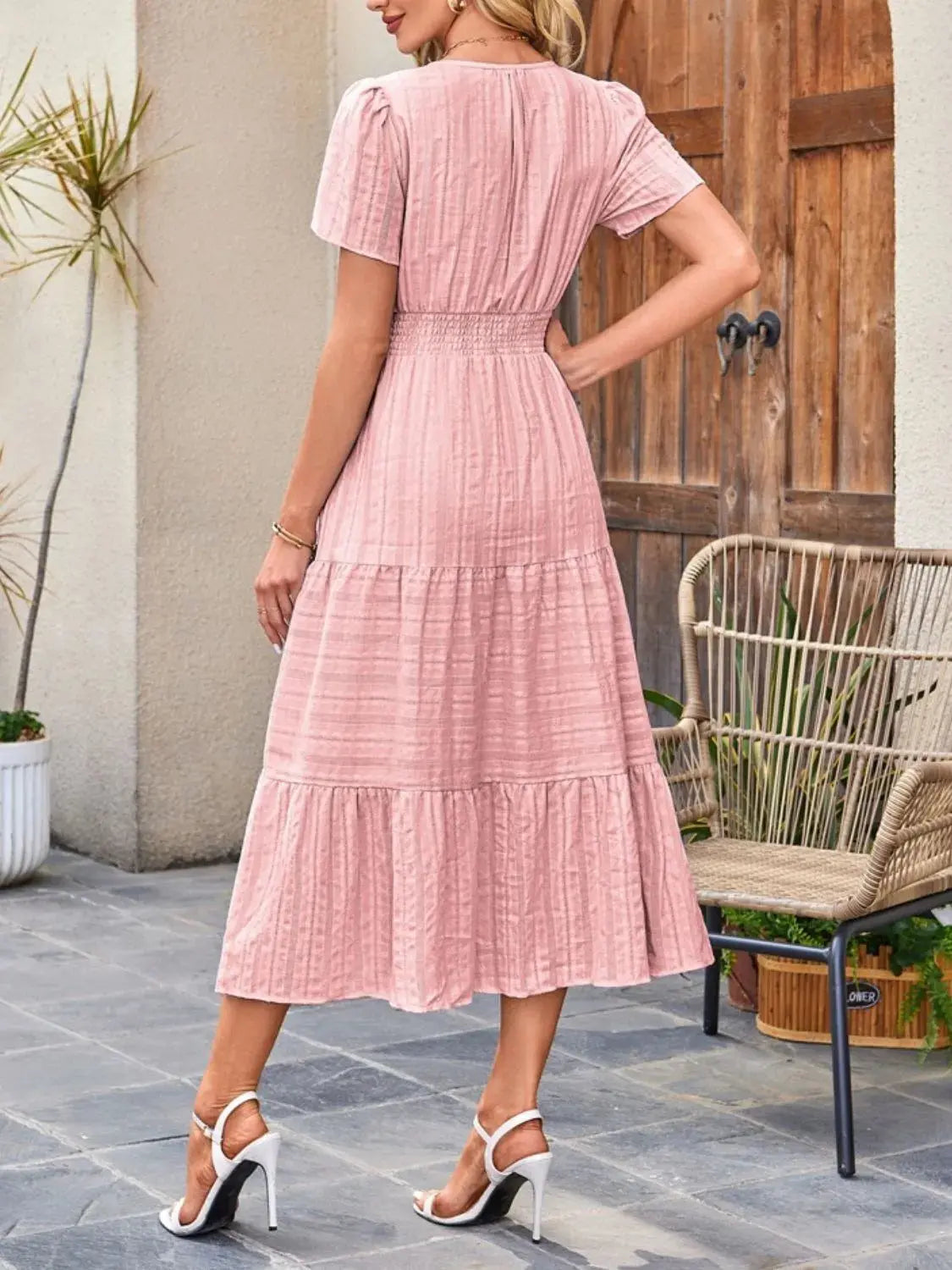 Tiered Notched Short Sleeve Dress  Style Ratio