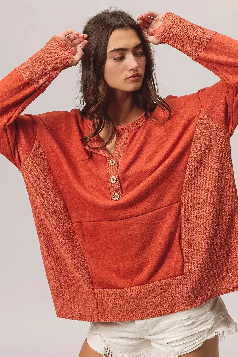 BiBi French Terry Knit Side Block Buttoned Henley Sweatshirt  Style Ratio
