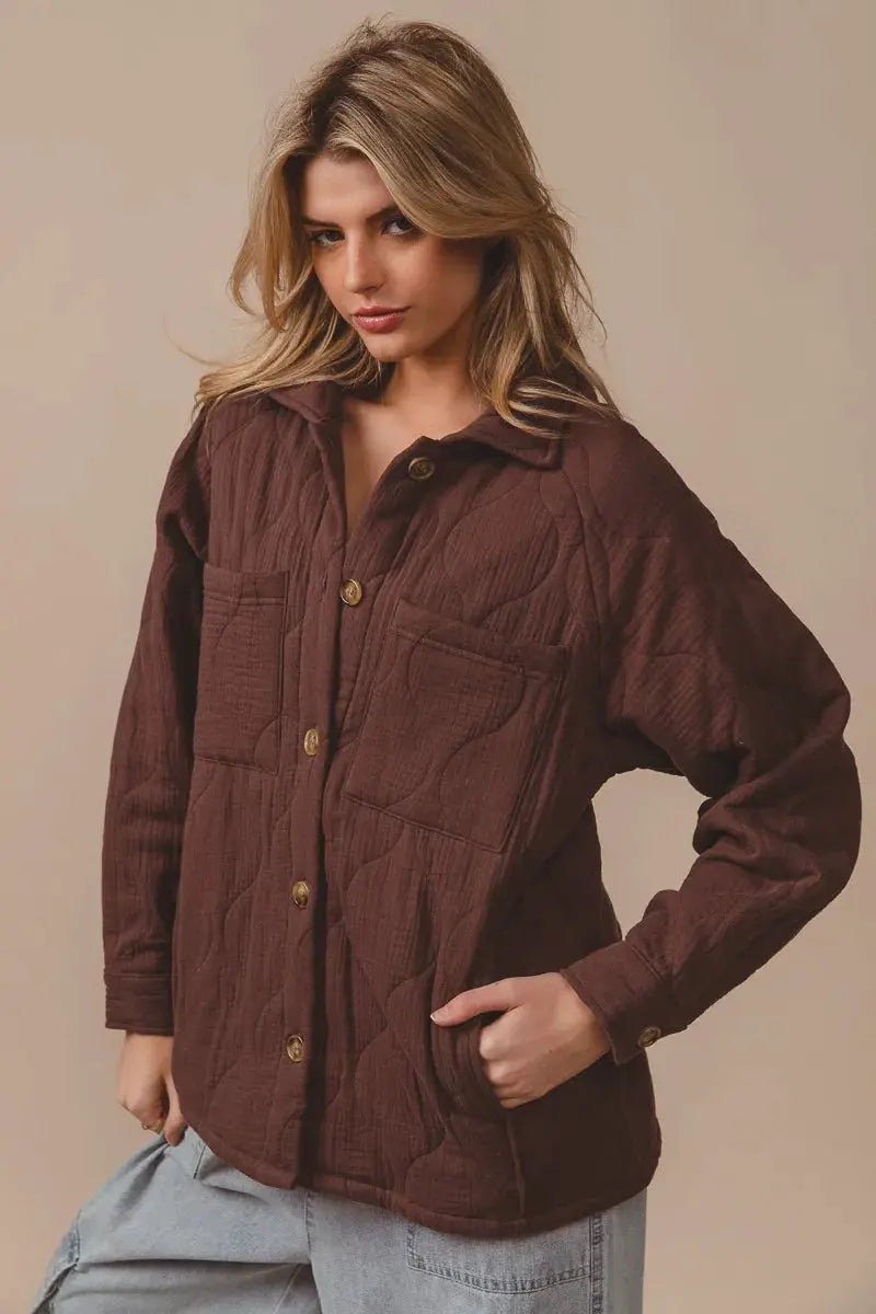 BiBi Quilted Wrinkle Gauze Long Sleeve Shacket  Style Ratio