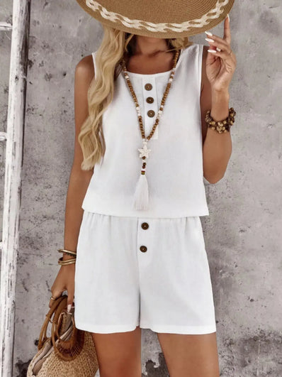 Decor Button Round Neck Tank and Shorts Set  Style Ratio