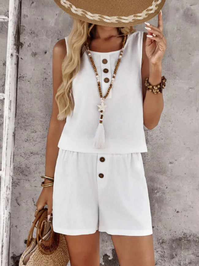 Decor Button Round Neck Tank and Shorts Set  Style Ratio