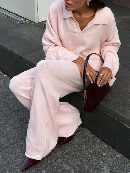 Polo Collar Top and Wide Leg Pants Knit Set  Style Ratio